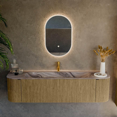 MONDIAZ KURVE-DLUX Meuble de salle de bains 170cm arrondi Gauche + Droite couleur Dusk avec 1 tiroir et 2 portes. Lavabo BIG LARGE Central 1 trou de robinet Sombra.