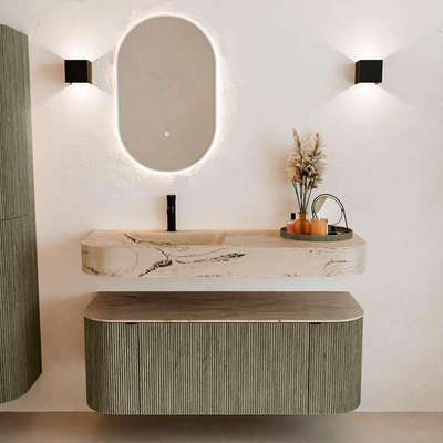 MONDIAZ THOR-DLUX 120cm meuble de salle de bains arrondi gauche + droite couleur Shadow avec 1 tiroir et 2 portes. Vasque suspendue CLOUD Gauche 1 trou de robinet couleur Arena.