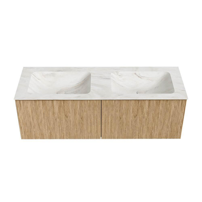 MONDIAZ KURVE-DLUX Meuble de salle de bains 130 cm couleur Oak avec 2 tiroirs. Lavabo LEAF double 2 trous de robinet couleur Ostra.