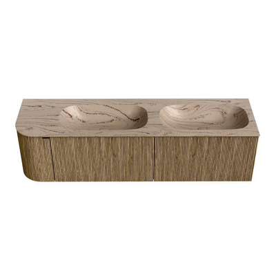 MONDIAZ KURVE-DLUX Meuble de salle de bains 165cm arrondi à gauche couleur Dusk avec 2 tiroirs et 1 porte. Lavabo STOR SMALL Double / Droite sans trou de robinet Arena.