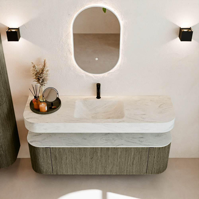 MONDIAZ THOR-DLUX 150cm meuble de salle de bains arrondi gauche + droite couleur Shadow avec 1 tiroir et 2 portes. Vasque suspendue CLOUD Milieu 1 trou de robinet couleur Opalo.