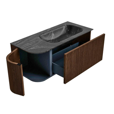 MONDIAZ KURVE-DLUX Meuble de salle de bains 105 cm avec module 25 L couleur Walnut avec 1 tiroir et 1 porte. Lavabo BIG SMALL à droite 1 trou de robinet couleur Lava.
