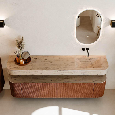 MONDIAZ THOR-DLUX 190cm meuble de salle de bains arrondi gauche + droite couleur Ruby avec 2 tiroirs et 2 portes. Vasque suspendue CLOUD Droite sans trou de robinet couleur Arena.