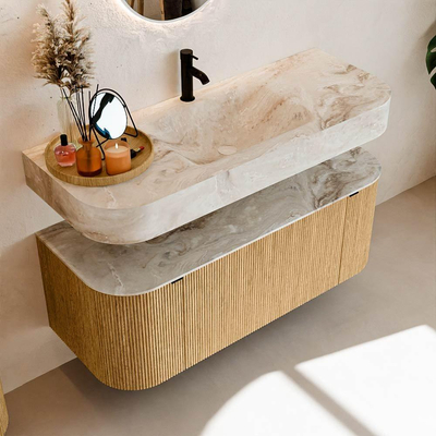 MONDIAZ THOR-DLUX 120cm badmeubel ronding links + rechts kleur Oak met 1 lade en 2 deuren. Vrijhangende wastafel CLOUD Midden 1 kraangat kleur Frappe.