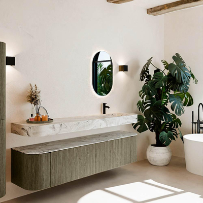 MONDIAZ THOR-DLUX Meuble de salle de bains - 190cm - arrondi gauche + droite - couleur Shadow - 2 tiroirs - 2 portes - Vasque suspendue CLOUD Droite 1 trou de robinet - couleur Glace