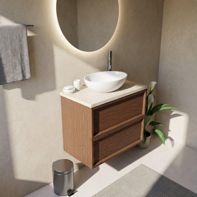 Saniclass Holz Frame Ensemble meuble de salle de bains - 80x45x63cm - plan de travail en pierre naturelle travertin - 1 trou de robinet - 2 tiroirs - noyer pure mat (bois)