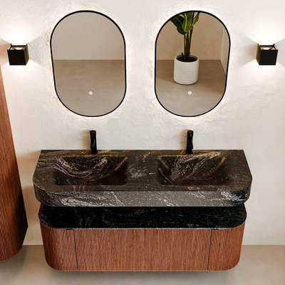 MONDIAZ THOR-DLUX Meuble de salle de bains 140cm arrondi gauche + droite couleur Ruby avec 1 tiroir et 2 portes. Vasque suspendue CLOUD Double 2 trous de robinet couleur Lava.