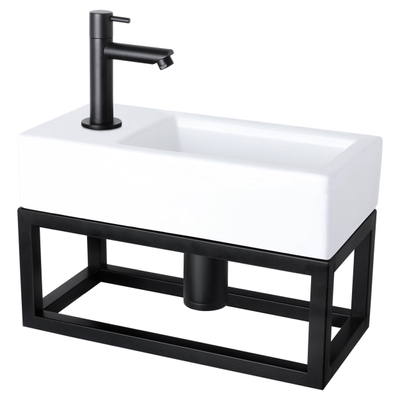Differnz Helios kit lave-mains - 37,5x18,5x9,5cm - Rectangulaire - 1 trou de robinet gauche - Robinet noir mat droit - avec cadre noir - Céramique blanche