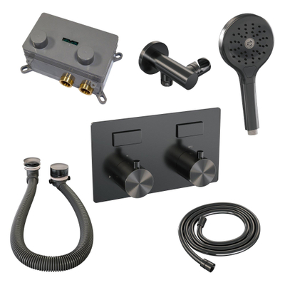 Brauer Gunmetal Edition set de boutons poussoirs thermostatiques encastrés pour baignoire 04 combinaison de remplissage de baignoire 3 positions douche à main flexible de douche raccord mural coude gunmetal pvd brossé