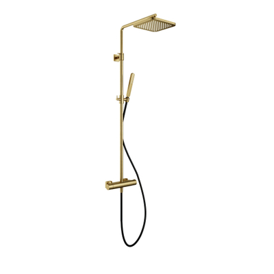 Hotbath Gal Thermostatische regendoucheset - met 22x22cm vierkante hoofddouche staafhanddouche - PVD - messing geborsteld (goud)