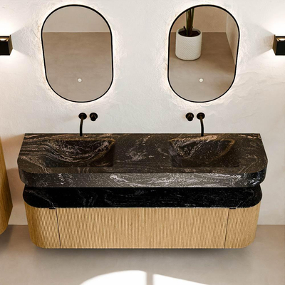 MONDIAZ THOR-DLUX Meuble de salle de bains - 170cm - arrondi gauche + droite - couleur Oak - 1 tiroir et 2 portes - Vasque suspendue CLOUD Double sans trou de robinet - couleur Lava