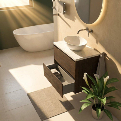 Saniclass Holz Pure Ensemble de meubles de salle de bains - 80x45x63cm - plan vasque en marbre Dia poli (blanc) - sans trou de robinetterie - 2 tiroirs - chêne charcoal mat (bois)