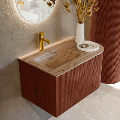 MONDIAZ KURVE-DLUX Meuble de salle de bains 75cm arrondi à droite couleur Ruby avec 1 tiroir et 1 porte. Lavabo GRUNNE à gauche 1 trou de robinet Arena.