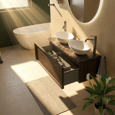 Saniclass Holz Frame Ensemble meuble de salle de bains - 120x45x43cm - Plan de toilette en pierre naturelle Noche dark emperador - 2 trous de robinetterie - 1 tiroir - chêne charcoal mat (bois)