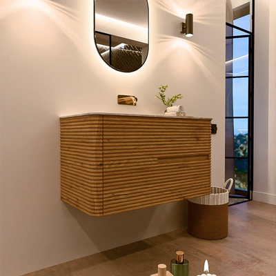 Mondiaz CIRO-DLUX Ensemble de meubles de salle de bains - 90x45x50cm - vasque solid surface Frappe - 1 bassin au milieu - sans trous de robinet - 2 tiroirs - Chêne