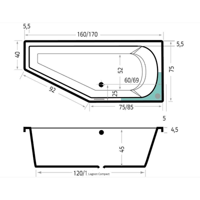 Xenz Lagoon Baignoire d'angle - 160x75x48 - bonde Centrale - Droite - Compact - acrylique - blanc mat