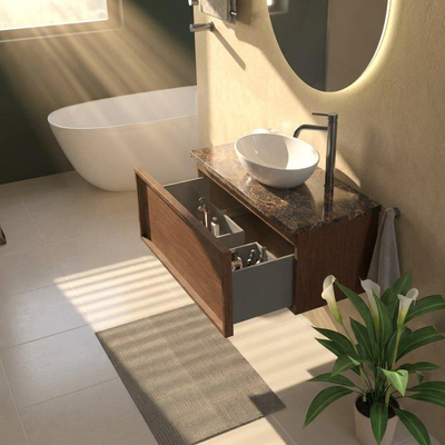Saniclass Holz Frame Ensemble meuble de salle de bains - 100x45x43cm - Noche plan en pierre naturelle dark emperador - 1 trou de robinetterie - 1 tiroir - mat walnut pure (bois)