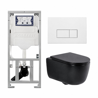 QeramiQ Dely Swirl Ensemble WC - 36.3x51.7cm - Réservoir encastré Geberit UP320 - abattant fin - Plaque de commande en métal blanc mat - Boutons rectangulaires - Noir mat