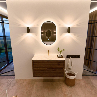Mondiaz CIRO-DLUX Badkamermeubelset - 90x45x50cm - Solid surface wastafel Ostra - 1 wasbak Midden - 1 kraangat - 2 lades - Dusk