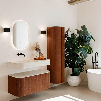 MONDIAZ THOR-DLUX 100cm meuble de salle de bains arrondi gauche + droite couleur Ruby avec 1 tiroir et 2 portes. Vasque suspendue CLOUD Gauche sans trou de robinet couleur Meli.