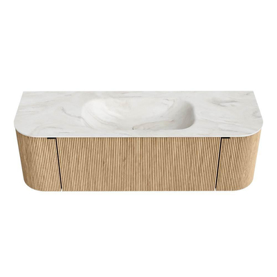 MONDIAZ KURVE-DLUX 140cm badmeubel met module 25 Len R kleur Oak met 1 lade en 2 deuren. Wastafel BIG SMALL midden zonder kraangat kleur Ostra.
