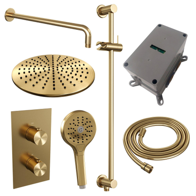 Brauer Gold Edition Ensemble de douche encastrable thermostatique inverseur 2 voies douche de tête 30cm bras mural courbé douchette ronde avec barre curseur laiton Or brossé