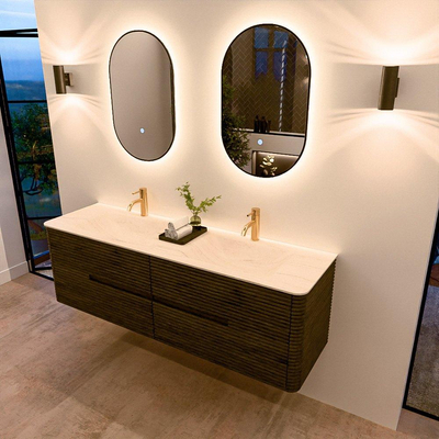 Mondiaz CIRO-DLUX Ensemble de meubles de salle de bains - 160x45x50cm - Plan vasque Solid surface Meli - 2 vasques Double - 2 trous de robinet - 4 tiroirs - Shadow