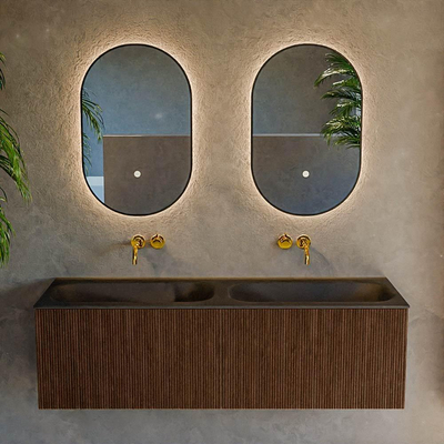 MONDIAZ KURVE 140cm Meuble salle de bain - couleur Walnut - 2 tiroirs - vasque BIG SMALL double - sans trous de robinet - Urban