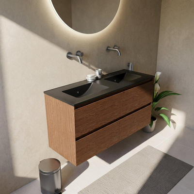 Saniclass Holz Pure Ensemble de meubles de salle de bains - 120x45x62cm - Lavabo en céramique Vygo noir - 2 vasques - sans trous de robinetterie - 4 tiroirs - noyer pure mat (bois)