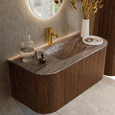 MONDIAZ KURVE-DLUX 100cm badmeubel ronding Links + Rechts kleur Walnut met 1 lade en 2 deuren. Wastafel GRUNNE Midden 1 kraangat Oza.