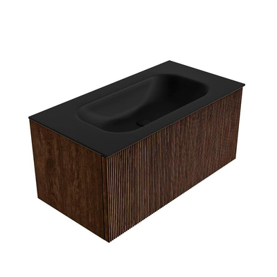 MONDIAZ KURVE 90cm badmeubel kleur Walnut met 1 lade. Wastafel BIG SMALL midden zonder kraangat Urban.