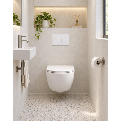 QeramiQ Dely Swirl Compact Toiletset - inbouwreservoir QeramiQ flush - slim zitting - kunststof bedieningsplaat glans wit - rechthoekige knoppen - glans wit