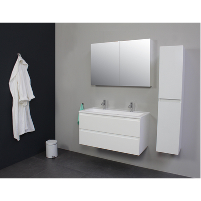 Basic Bella Meuble avec lavabo acrylique 2 trous de robinet 100x55x46cm avec armoire toilette à 2 portes gris Blanc brillant