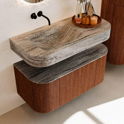 MONDIAZ THOR-DLUX 100cm meuble de salle de bains arrondi gauche + droite couleur Ruby avec 1 tiroir et 2 portes. Vasque suspendue CLOUD Gauche sans trou de robinet couleur Oza.