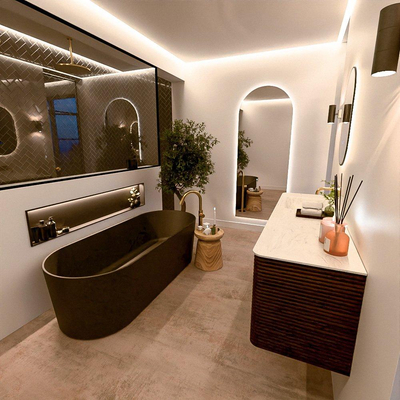 Mondiaz CIRO-DLUX Badkamermeubelset - 160x45x50cm - Solid surface wastafel Opalo - 1 wasbak Links - zonder kraangaten - 4 lades - Walnut