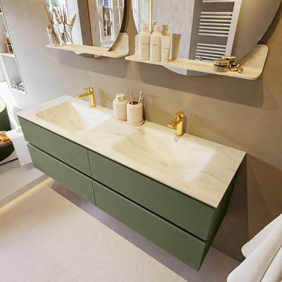 Mondiaz VICA-DLUX ensemble de meuble de salle de bain - 150cm - meuble sous-vasque armée - 4 tiroirs - lavabo encastré nuage double - 2 trous de robinet - version haute de 60cm - opalo