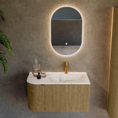 Mondiaz KURVE-DLUX Ensemble de meuble de salle de bains - 85x46x40cm - 1 tiroir - 1 porte - lavabo solid surface - droit - 1 trou de robinet - Dusk