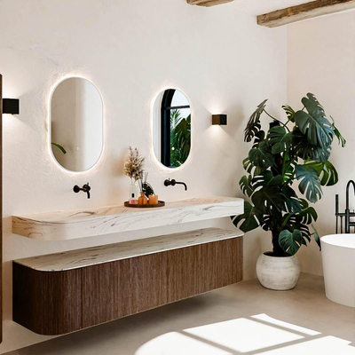 MONDIAZ THOR-DLUX 200cm meuble de salle de bains arrondi gauche + droite couleur Walnut avec 2 tiroirs et 2 portes. Vasque suspendue CLOUD Double sans trou de robinet couleur Nata.