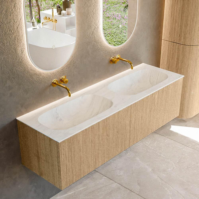 MONDIAZ KURVE-DLUX Meuble de salle de bains 150 cm couleur Oak avec 2 tiroirs. Lavabo STOR SMALL double sans trou de robinet couleur Opalo.