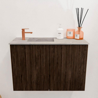 Mondiaz JOYA-DLUX 60cm toiletmeubel - kleur Walnut - Wastafel FAYE positie Links 1 kraangat kleur Glace.