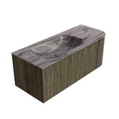 MONDIAZ KURVE-DLUX Meuble de salle de bains 115 cm arrondi à droite couleur Shadow avec 1 tiroir et 1 porte. Lavabo BIG SMALL à gauche sans trou de robinet Sombra.