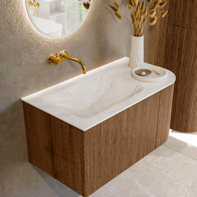 MONDIAZ KURVE-DLUX 85cm Meuble salle de bain avec module 25 D - couleur Walnut - 1 tiroir - 1 porte - vasque CLOUD gauche - sans trou de robinet - couleur Ostra