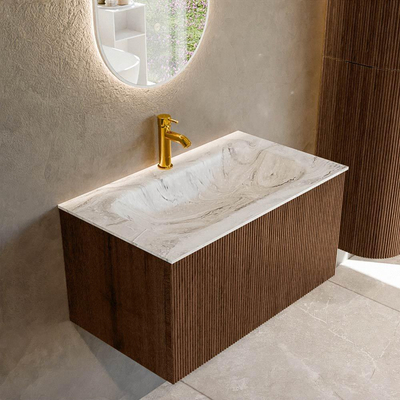 MONDIAZ KURVE-DLUX 80cm badmeubel kleur Walnut met 1 lade. Wastafel BIG SMALL midden 1 kraangat kleur Glace.