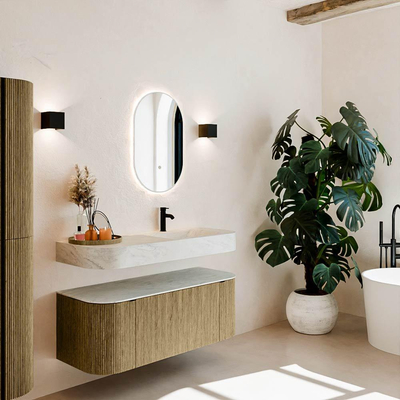 MONDIAZ THOR-DLUX 120cm meuble de salle de bains arrondi gauche + droite couleur Dusk avec 1 tiroir et 2 portes. Vasque suspendue CLOUD Droite 1 trou de robinet couleur Opalo.