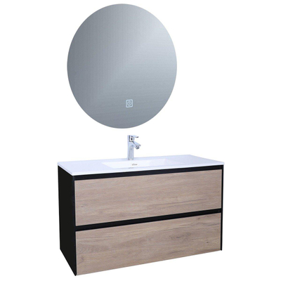 Adema Industrial Set de meuble 100x45.5x58cm avec trop-plein et miroir rond 100cm bois/noir