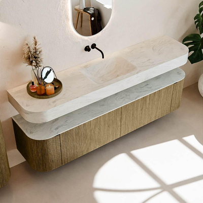 MONDIAZ THOR-DLUX Meuble de salle de bains - 190cm - arrondi gauche + droite - couleur Dusk - 2 tiroirs et 2 portes - Vasque suspendue CLOUD Milieu sans trou de robinet - couleur Opalo