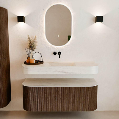 MONDIAZ THOR-DLUX 120cm badmeubel ronding links + rechts kleur Walnut met 1 lade en 2 deuren. Vrijhangende wastafel CLOUD Midden zonder kraangat kleur Meli.