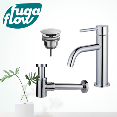 FugaFlow Eccelente Sobrado Slim Slim Kit mitigeur lavabo - robinet bas - bonde non-obturable - siphon design bas - Chrome brillant