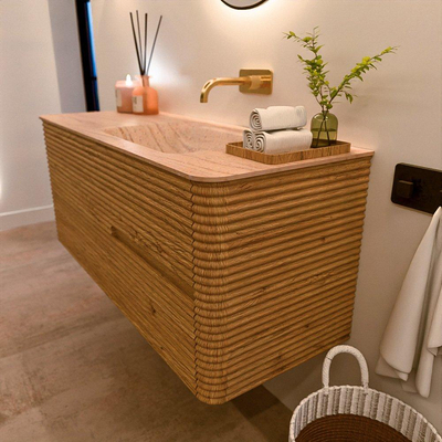 Mondiaz CIRO-DLUX Meuble de salle de bains - 120x45x50cm - Plan vasque Solid surface Saba - 1 bassin à droite - sans trous de robinetterie - 2 tiroirs - Chêne