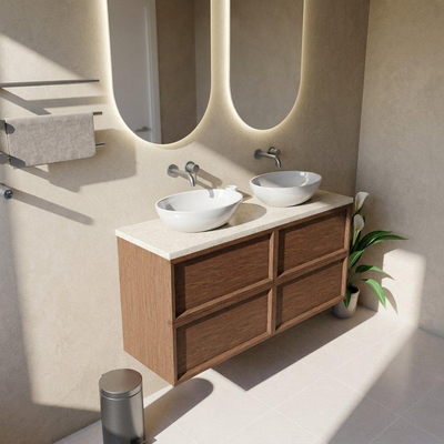 Saniclass Holz Frame Ensemble meuble de salle de bains - 140x45x63cm - Plan de travail en pierre naturelle travertin - sans trou de robinet - 4 tiroirs - brillant walnut pure (bois)